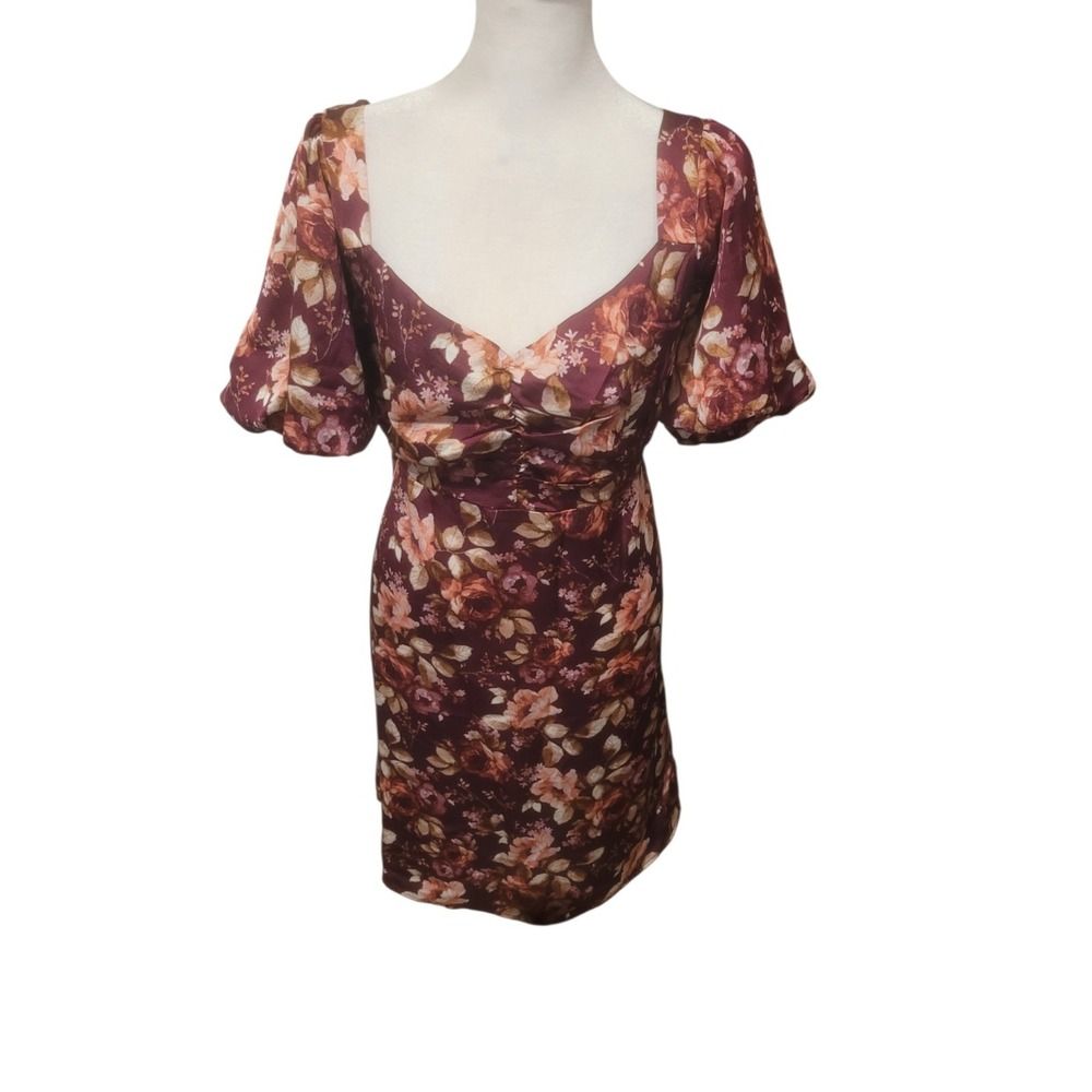 AUW Women's Milkmaid Dress Rust Floral Sweetheart Neck Short Puff Sleeves NWT 2X